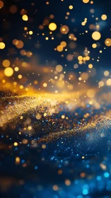 Golden and blue bokeh lights over abstract glitter field.