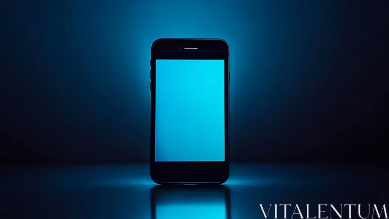 Black Smartphone Glowing Cyan Display on Dark Background.