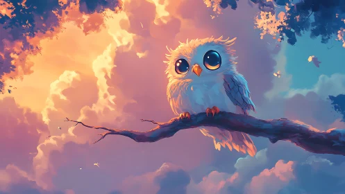 Whimsical baby owl with large eyes on a branch, digital fantasy art.