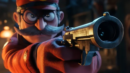 Cartoon mustached officer aiming large revolver forward.