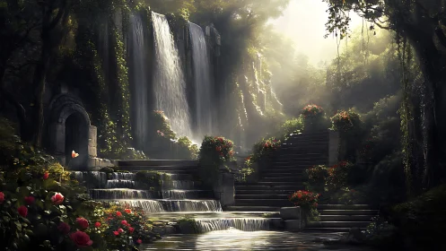 Enchanted stone staircase ascends beside luminous forest waterfalls
