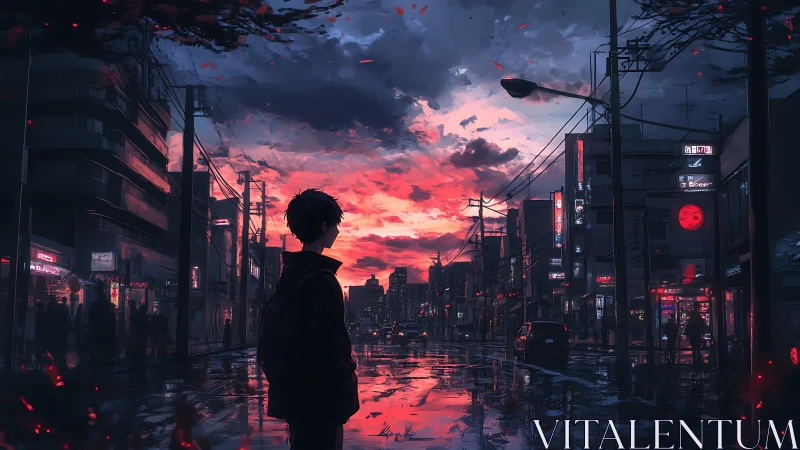 Lone traveler watches neon city glow beneath burning sunset.