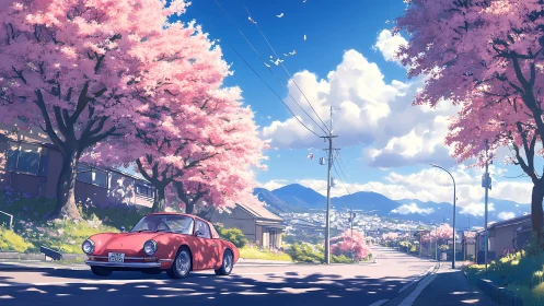Vintage red coupe under sunlit cherry blossom avenue.
