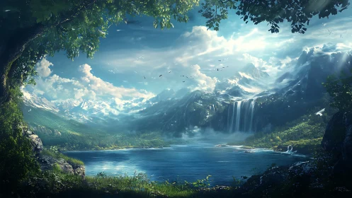 Sunlit mountain lake welcomes quiet dreams and gentle wonder