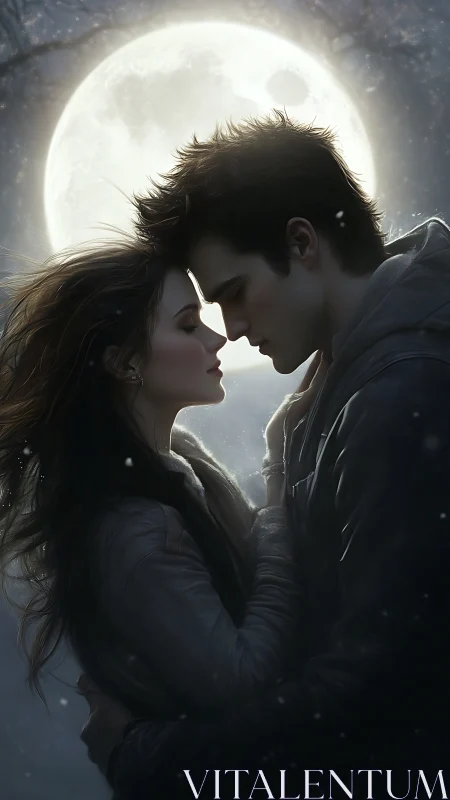 Luminous nocturnal embrace between two silhouetted figures beneath oversized celestial body