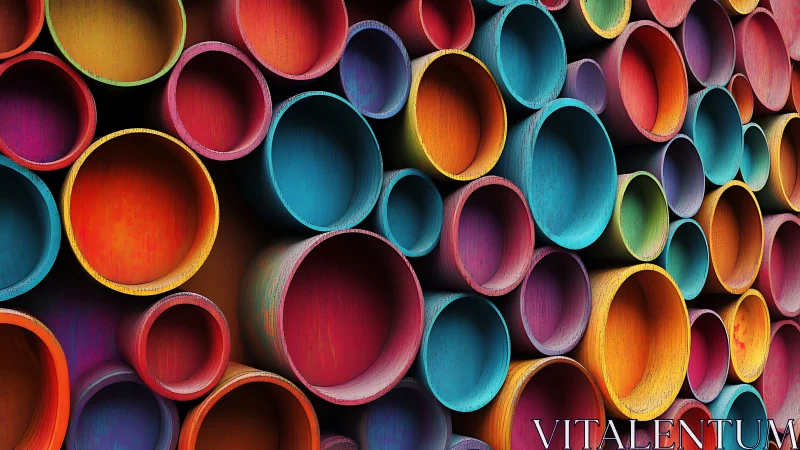 Vibrant stacked cylinders create a bold geometric color wall