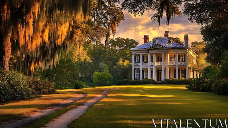 Southern neoclassical mansion under golden-hour canopy light.