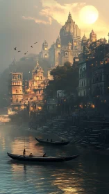Sunlit riverside domes and boats in hazy golden dusk.