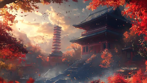 Autumn temple complex in cinematic golden backlight rendering.