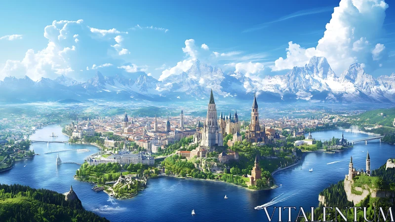 Sunlit river kingdom wrapped in bright mountains and towers.