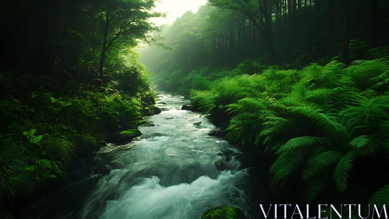 Stream flowing through densely vegetated forest with pervasive canopy