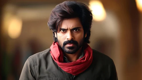 Intense man with red scarf meets the viewer with quiet fire