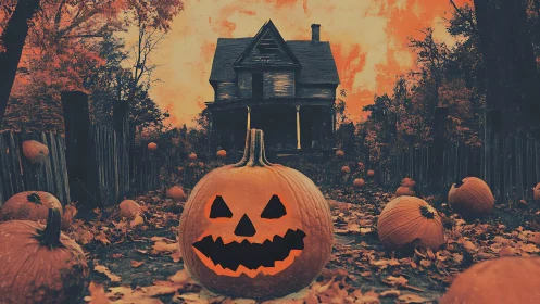 Grinning jack o’ lantern guards decaying haunted farmhouse.