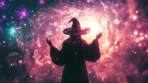 Mystic sorcerer commands a swirling cosmic nebula portal