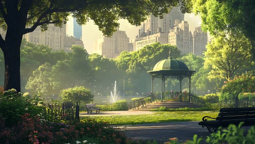 Sunlit city park gazebo glows softly against urban skyline