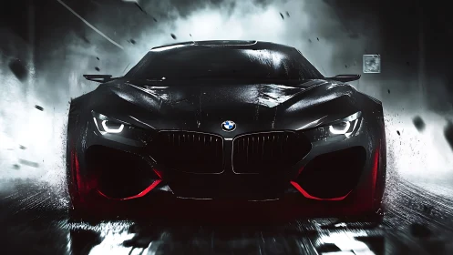 Aggressive BMW supercar charges through cinematic night rain