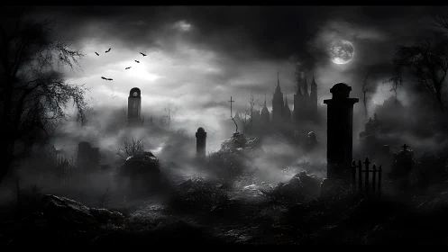 Moonlit graveyard fog and haunted spires in gothic silence.