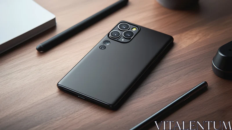 Black smartphone with triple camera on wooden desk.