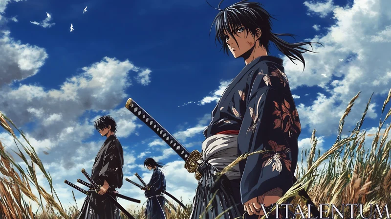 Samurai companions standing strong beneath a wide summer sky.