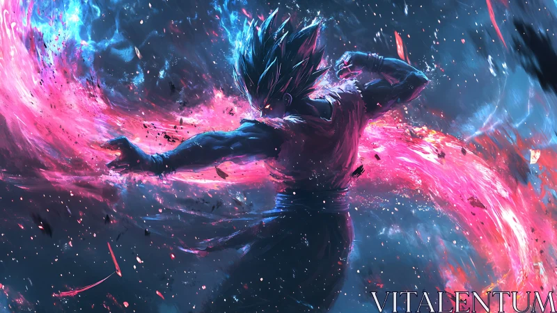 Cosmic warrior unleashing swirling neon energy power.