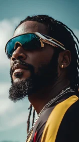 Confident man in futuristic sunglasses gazes toward a bright sky