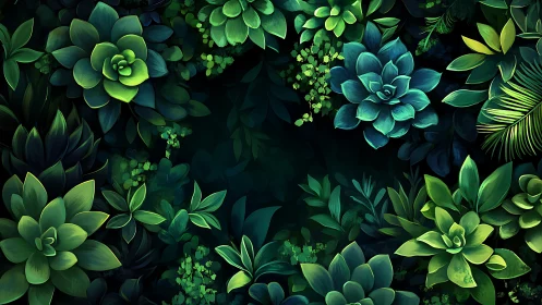 Luminous succulent foliage frame with deep emerald negative space