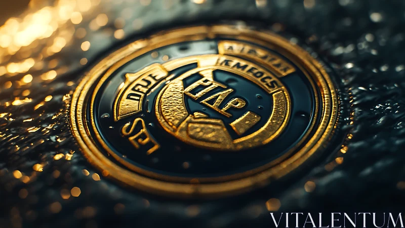 Metallic circular emblem rests on wet textured surface