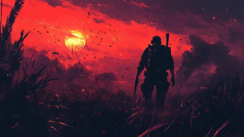 Lone soldier strides through burning red war-torn sunset