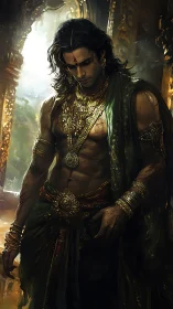Digital painting of regal warrior in ornate golden temple setting.