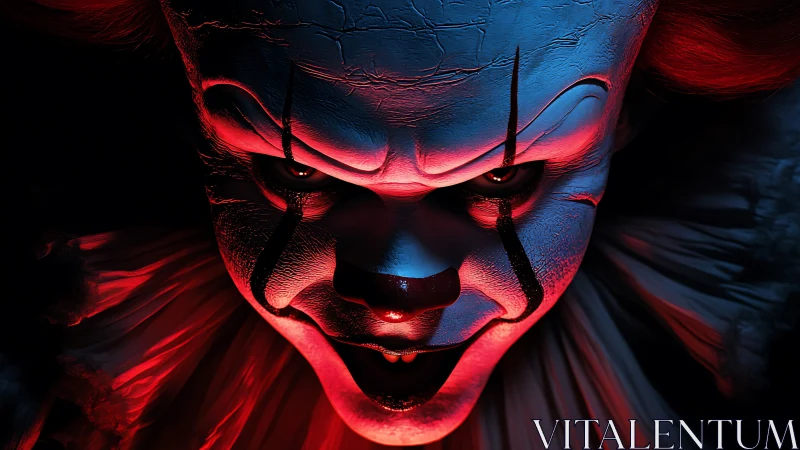 Sinister clown portrait with dramatic red blue lighting.