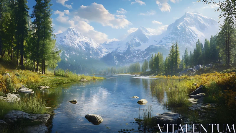 Alpine lake reflects snowcapped peaks in high-resolution digital light