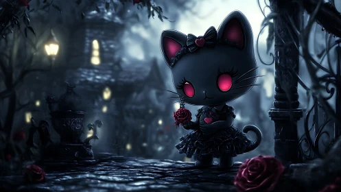 Gothic chibi cat holds crimson rose in misty courtyard