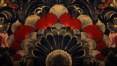 Baroque midnight garden ablaze with red and gilt blooms.