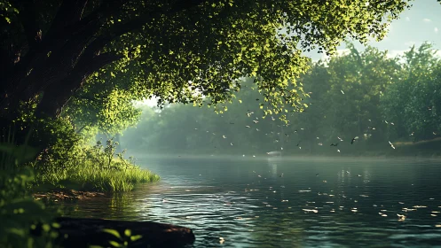 Calm riverside with dense green trees and soft daylight.