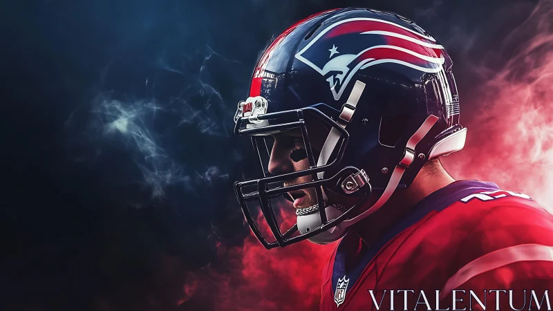 Focused football player in bold red and blue game armor.