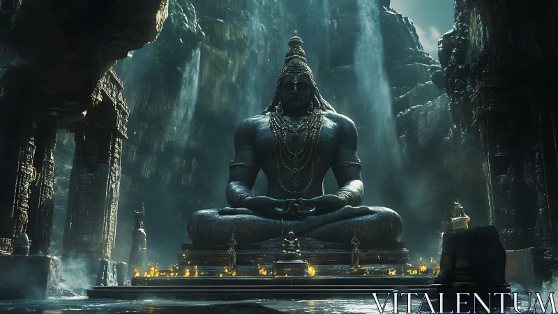 Cavern temple colossus in meditative, waterfall-lit hush.