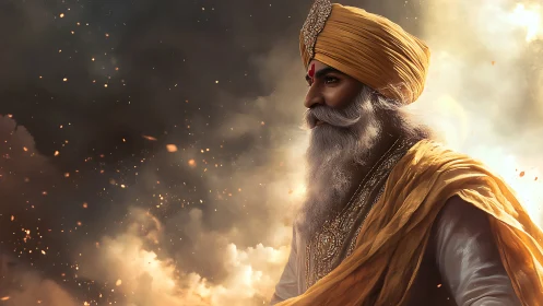 Ember crowned sage strides through swirling golden storm.