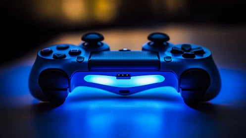 Blue Gaming Controller Illuminated Against Dark Background.