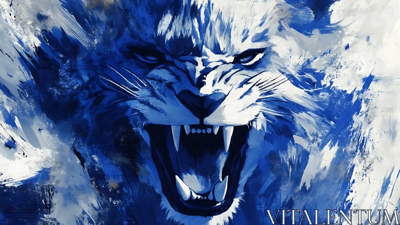 Feline predator portrait rendered in blue and white tones.