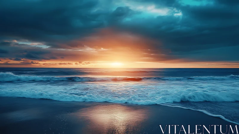 Sunrise light cuts through storm clouds over reflective shore
