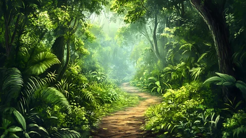 Dense forest pathway with filtered light penetration through vegetation canopy.