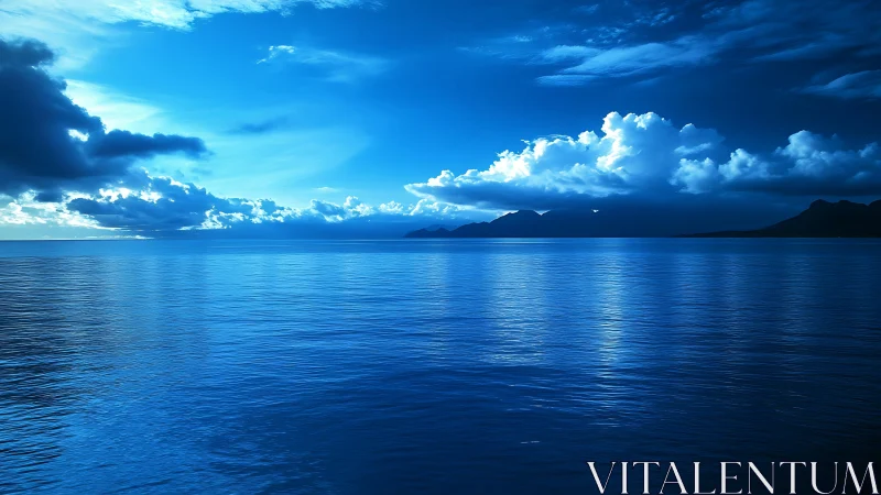 Deep blue ocean horizon under dramatic storm clouds.