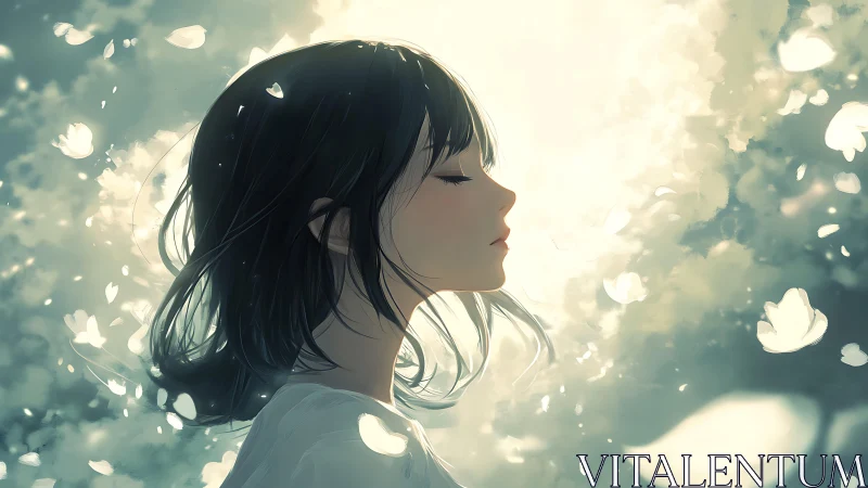 Serene girl in glowing petals and soft celestial light.