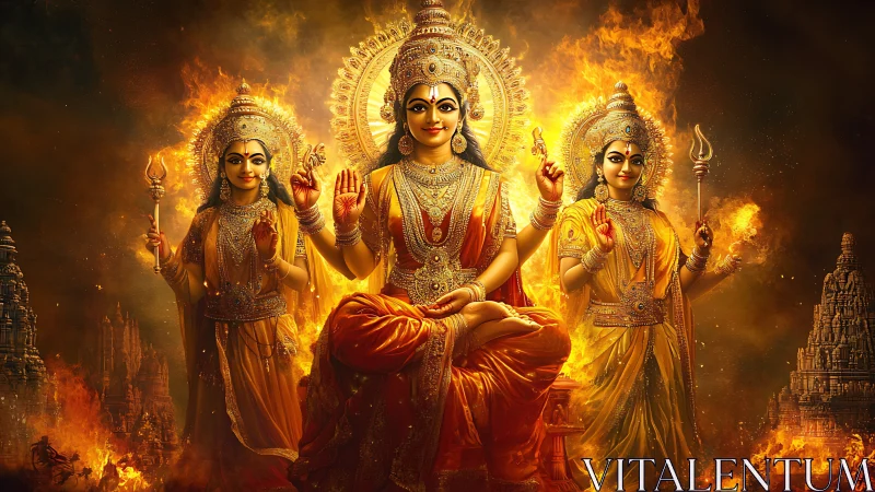 Triptych of radiant Hindu goddesses rendered in fiery digital realism