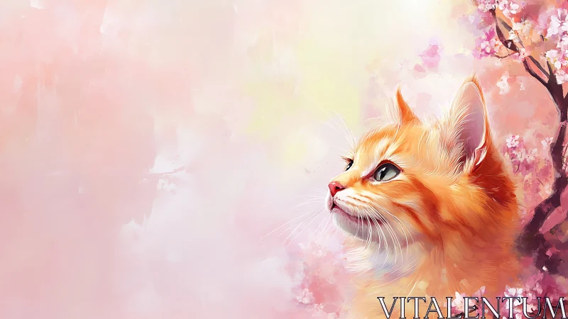 Ginger Tabby Cat Portrait with Cherry Blossom Background Illustration