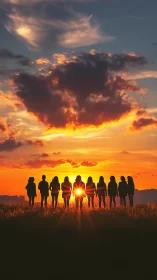 Silhouetted friends stand united beneath a blazing sunset sky