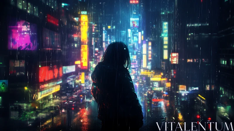 Solitary silhouette in neon drenched rainy cyberpunk megacity