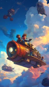 Children pilot cylindrical airship through dense cloudscape