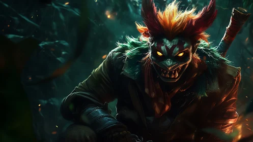 Digital painting of demonic jungle hunter with chromatic lighting.