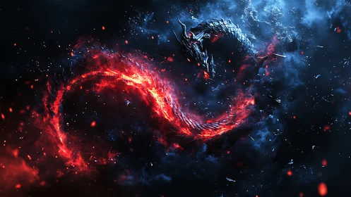 Bioluminescent fire dragon coils through turbulent cosmic nebula